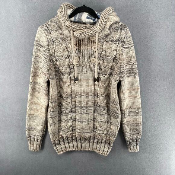 Leif Nelson Wool Blend Cable Knit Hooded Pullover Mens Medium Beige Tan Grey - Picture 1 of 15